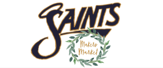 saints makers market logo, saints in black and makers market in gold enclosed in a green leaf wreath